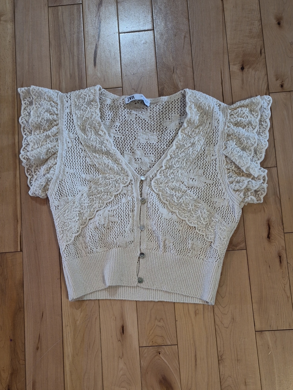Zara Women's Size Large Lace-Trim Cream Crochet V-Neck Cardigan - Picture 1 of 5